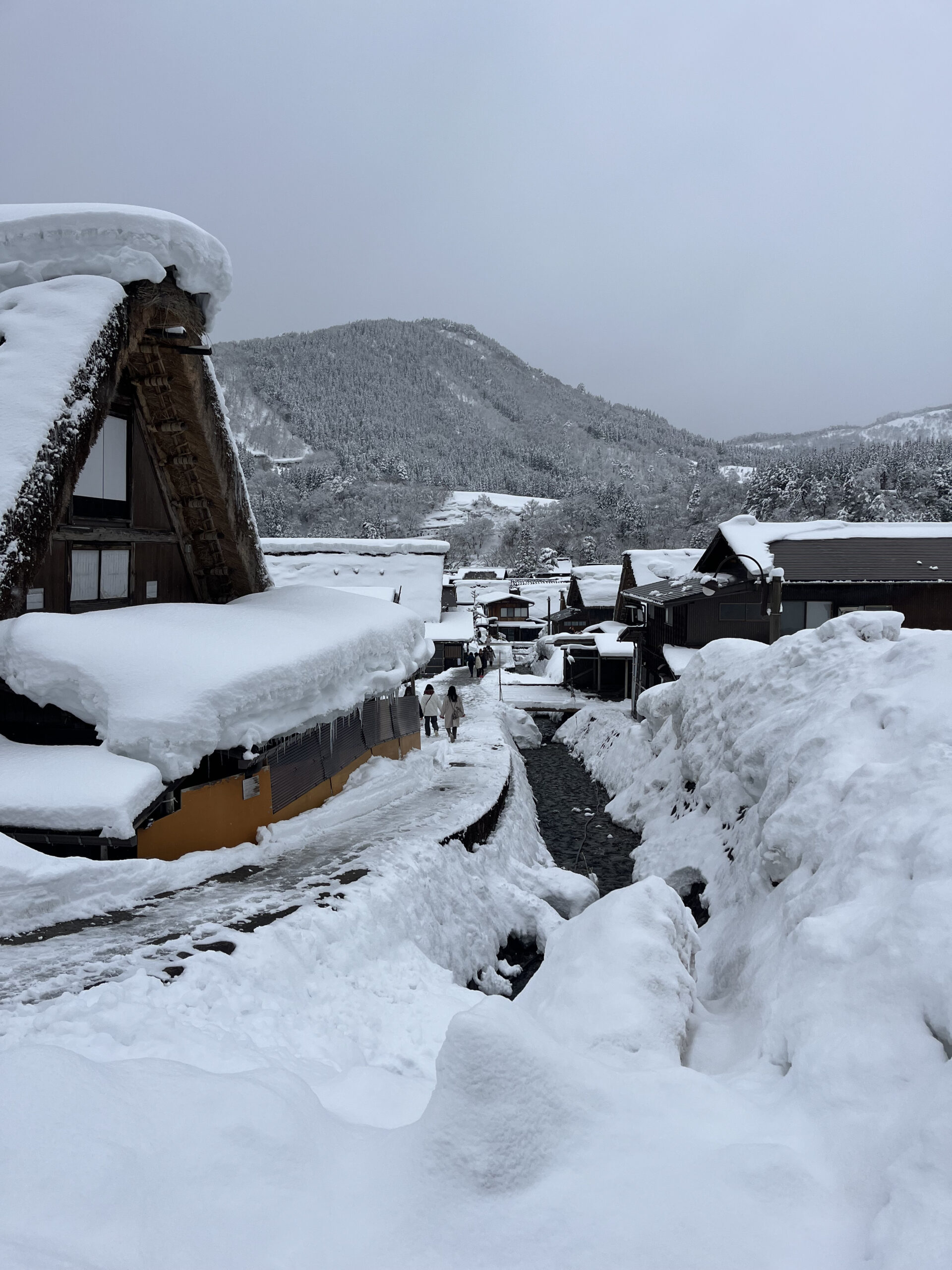 Shirakawa-go village in deep winter — snow-laden gassho rooftops with mountains in the background