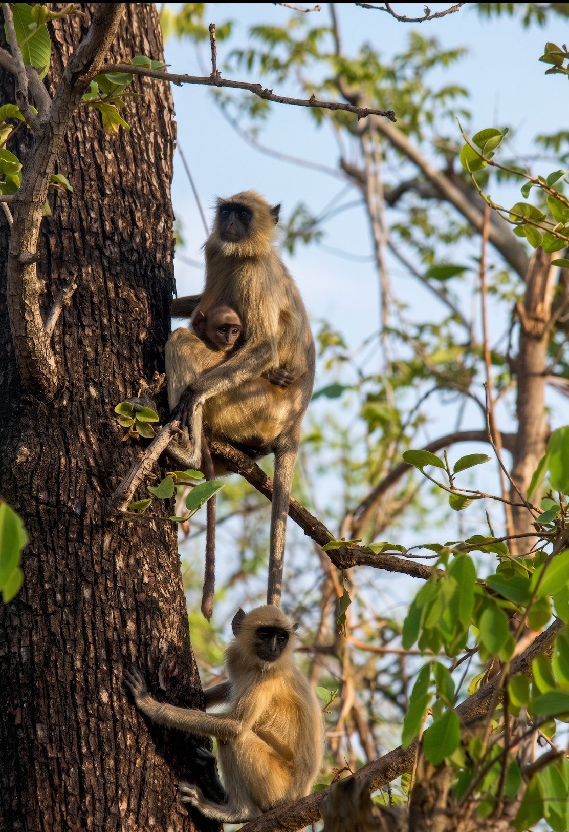 Langur monkeys with infant in a tree at Tadoba